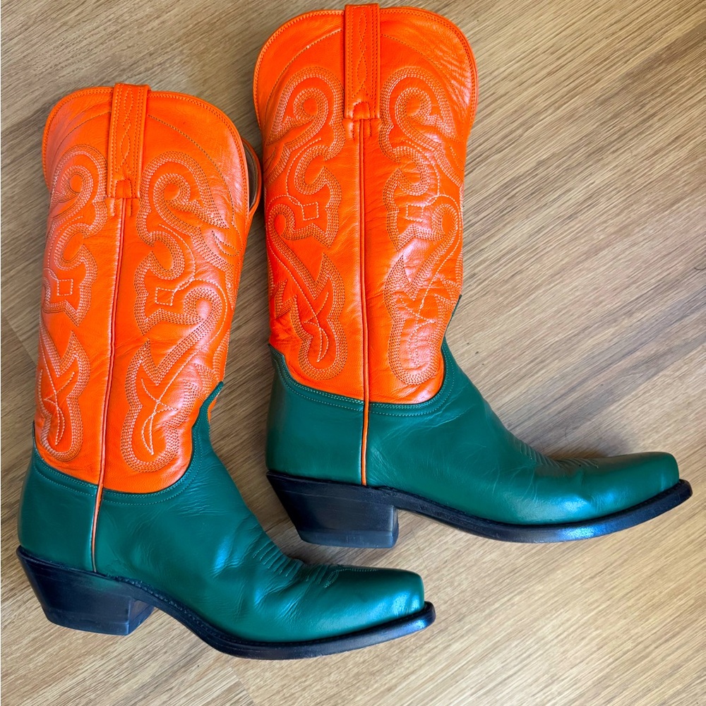 Ferrini Green Orange Leather Cowboy Boots Western Pointed Toe Women’s 7 - Picture 4 of 12